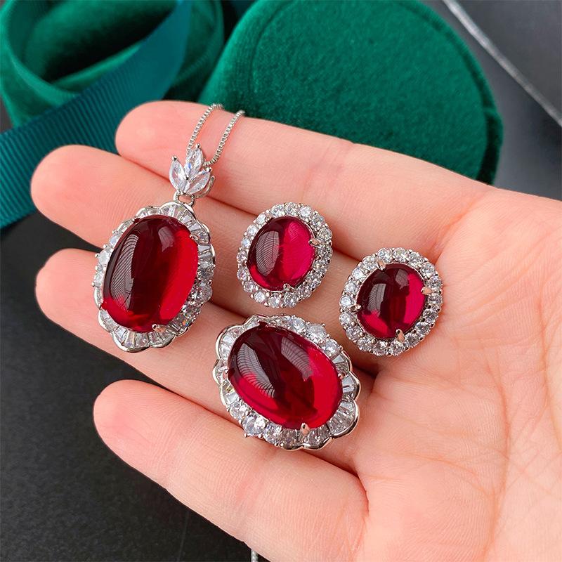 Jewelry Ice Seed Fluorescent Denier Pigeon Blood Red Corundum Plain Body Jade Pendant Set Main Stone 13 * 18-10