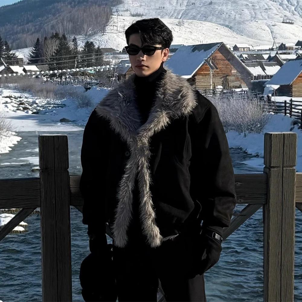 Men s Fur-Lined Cotton Winter Jacket, Thick American-Style Lapel Outerwear. M