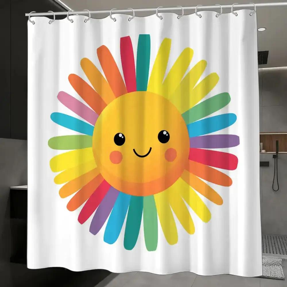 

Cheerful Rainbow Sun Shower Curtain – Smiling Kawaii Face With Colorful Rays, 12 Hooks, 70.87×70.87 Waterproof Bath Decor W60H190(CM)-1 Pcs