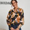 Women'S Simple Shirts New Floral Print Shirts Summer Vintage Lapel Button Tops Elegant Fashion Long Sleeve Blouses Casual