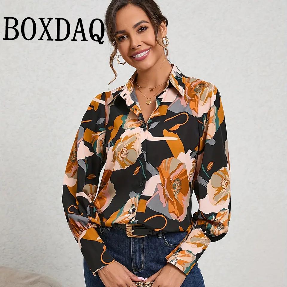 Women'S Simple Shirts New Floral Print Shirts Summer Vintage Lapel Button Tops Elegant Fashion Long Sleeve Blouses Casual
