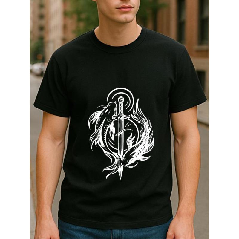 

European Size Mysterious Power Symmetrical Sword and Feather Flame Totem Men s Printed Short-sleeved Shirt, Casual Commuting Printed Shirt 4XL чорний