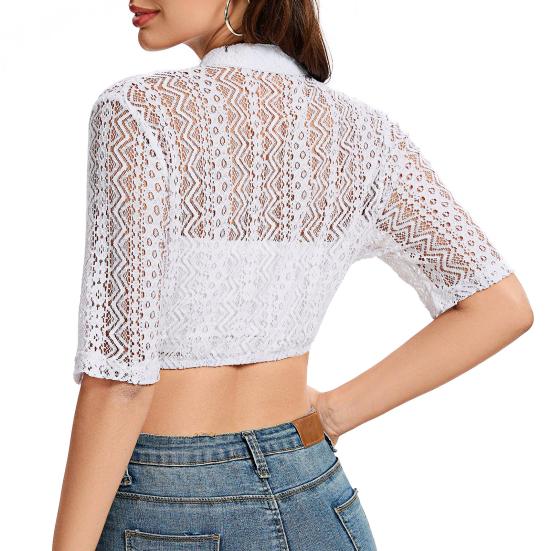 Women Lace Short Shirt Stand Collar Button Front Vintage Style Tops See-through Lace Oktoberfest