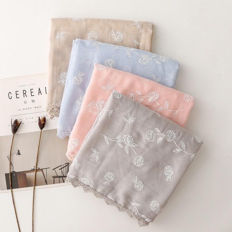 Winter Plain Lace Chain Stitch Rose Floral Viscose Scarf High Quality Shawl Wrap Pashmina Stole For Ladies Muslim Hijab 180*90Cm