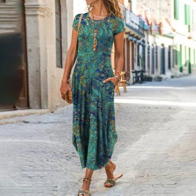 Fashion Women Dress Round Neck Short Sleeve Pockets Floral Print Loose Maxi
