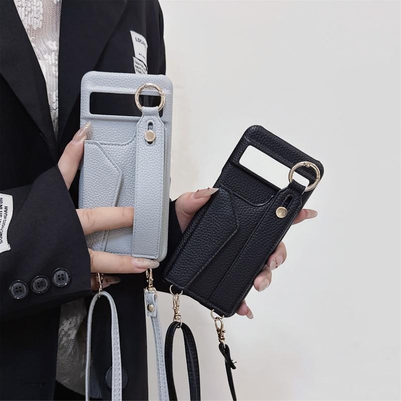For Google Pixel 8 9 10 Pro XL Case PU Leather Wristlet Card Bag Grip Strap Shoulder Long Crossbody Lanyard Ring Clasp Cover