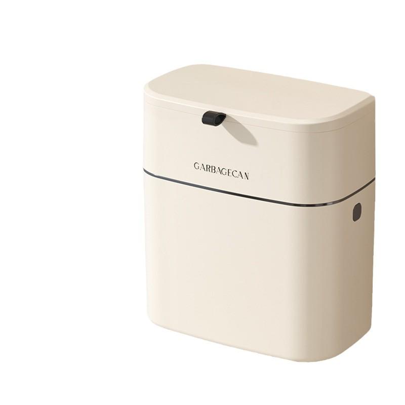 Kitchen Hanging Trash Can, Cream White Wall-Mounted with Lid, No-Marking Sticker, Household Cupboard Waste Basket.