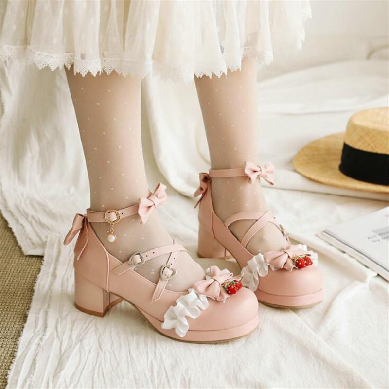 Girls' Shoes Ladies Heels Platform Cute Bow Lace Princess Mary Jane Lolita Shoes Party High Heel Buckle Women Pumps Pink 30-43
