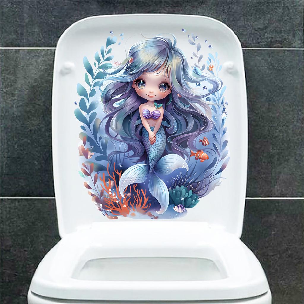 Cartoon Mermaid & Coral Toilet Seat Stickers, Waterproof Removable Self-Adhesive Bathroom Decals