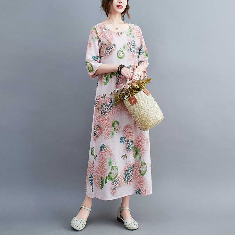 

Летние новые большие размеры свободные тонкие круглые вырезы рукава пять минут женские платья для уменьшения возраста M розовый