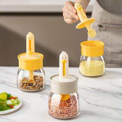 Frasco de Tempero Dispensador de Especiarias de Vidro Quantitativo de Bancada Recipiente de Cozinha Açucareiro Garrafa de Condimento com Colher Telescópica