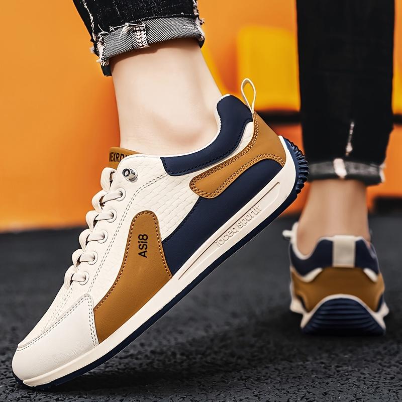 Men's Fashion Color Block Sneakers Casual Low-Top Lace-Up Shoes with Shock Absorption White/Brown/Orange Stripe Design, Ideal for All Seasons