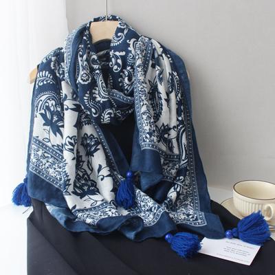 Yunnan Ethnic Tassel Tie-Dye Blue Scarf - Fashionable Travel & Sun Protection Shawl