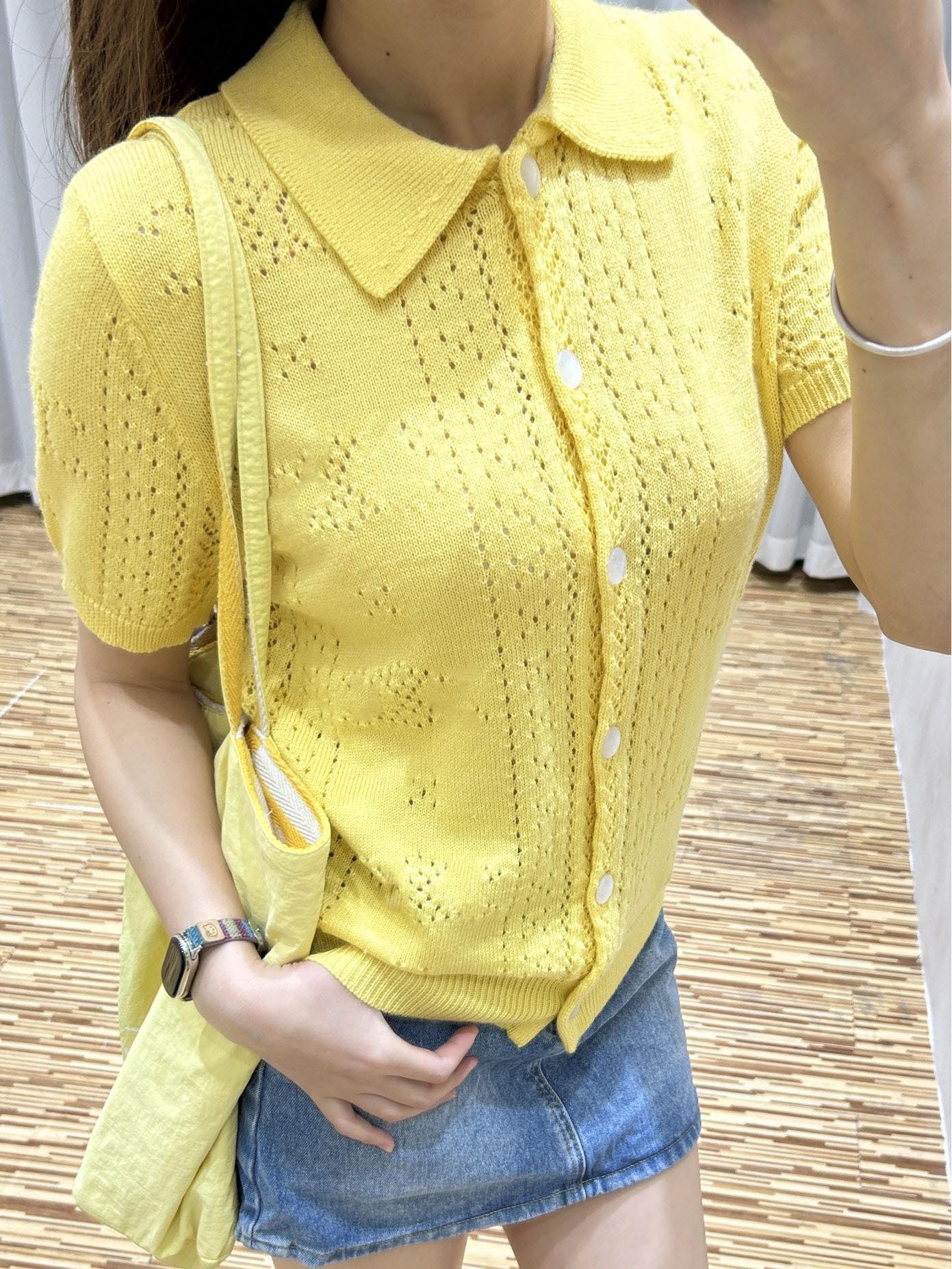 

Nanyou Женский Летний Трикотажный Свитер Высокого Класса: Ажурный, Модный кардиган из шерсти с коротким рукавом и лацканами L жёлтый