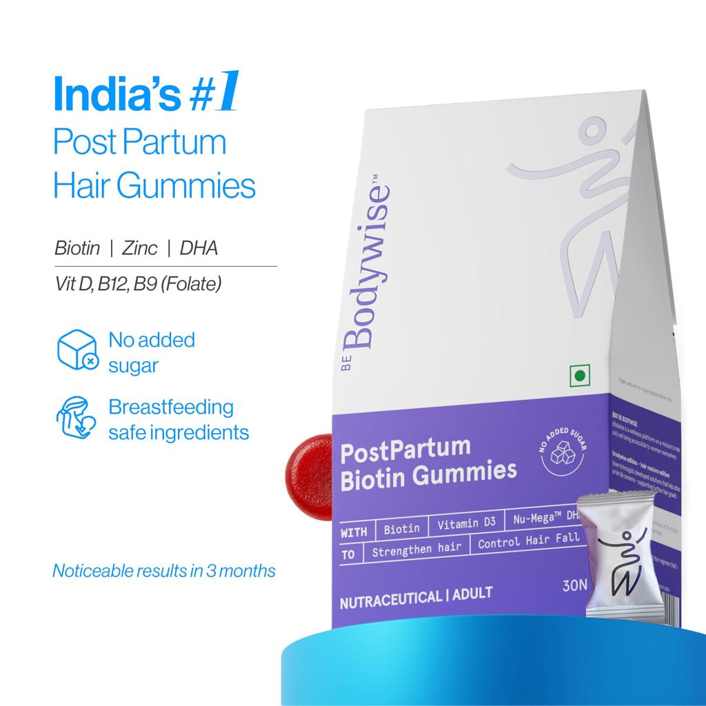 Be Bodywise Biotin Hair Supplement Gummies for Postpartum Hair fall | Breastfeeding Safe | Reduces Hairfall, Strengthens Hair & Improves Density |