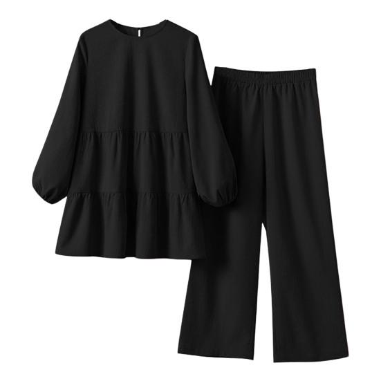 Sett Ensfarget O-hals Langermet Plissert Patchwork Topp Bredt ben Elastiske midjelommer Bukser Dame Fritidsklær