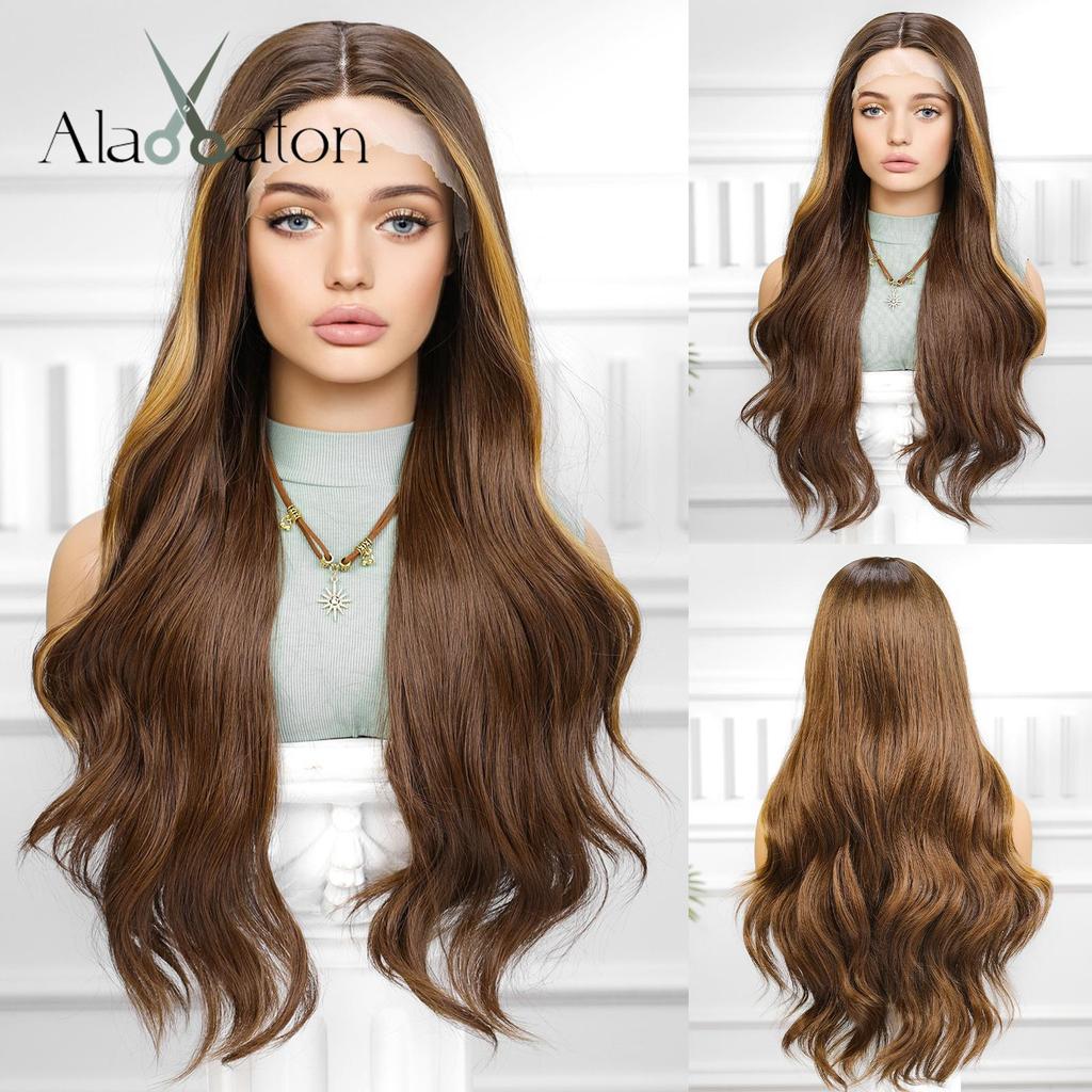 ALAN EATON Lace Front Blonde Ombre Wigs Synthetic Long Straight Wig with Dark Root for Women Daily Cosplay Party Heat Resistant Fiber