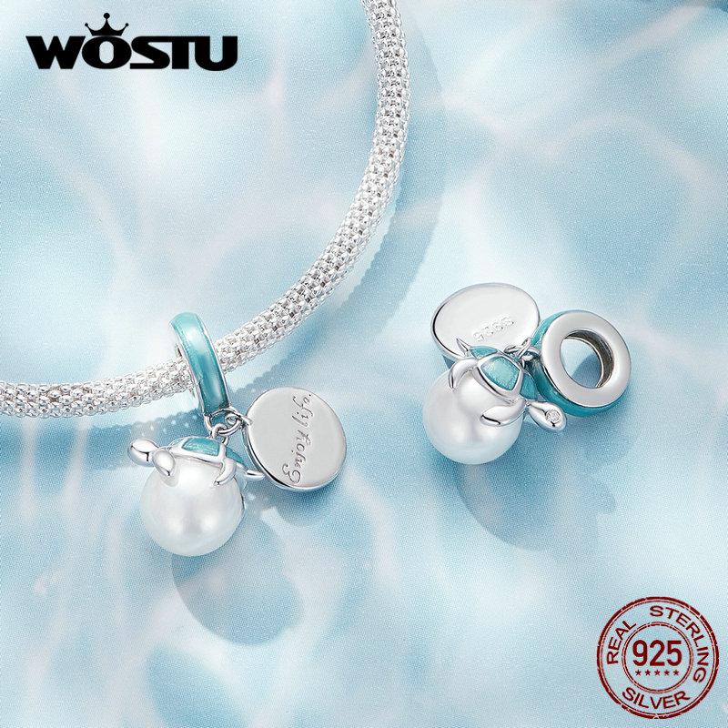 WOSTU 925 Sterling Silver Ocean Series Blue Turtle Charms Shell Pendant Crab Seaweed Beads for Women Fit DIY Bracelet Necklace