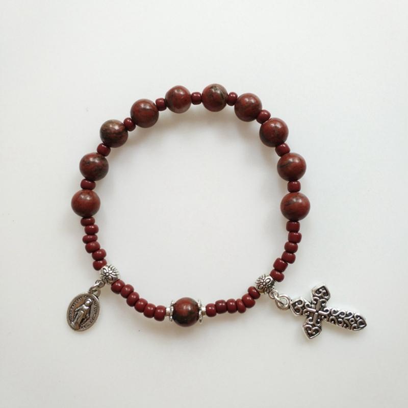 Glass Bead Baptism Religious Gift Catholic for Cross Finger Chain Mini Rosary Sesame Red for Cross Rosary Bracelet for W