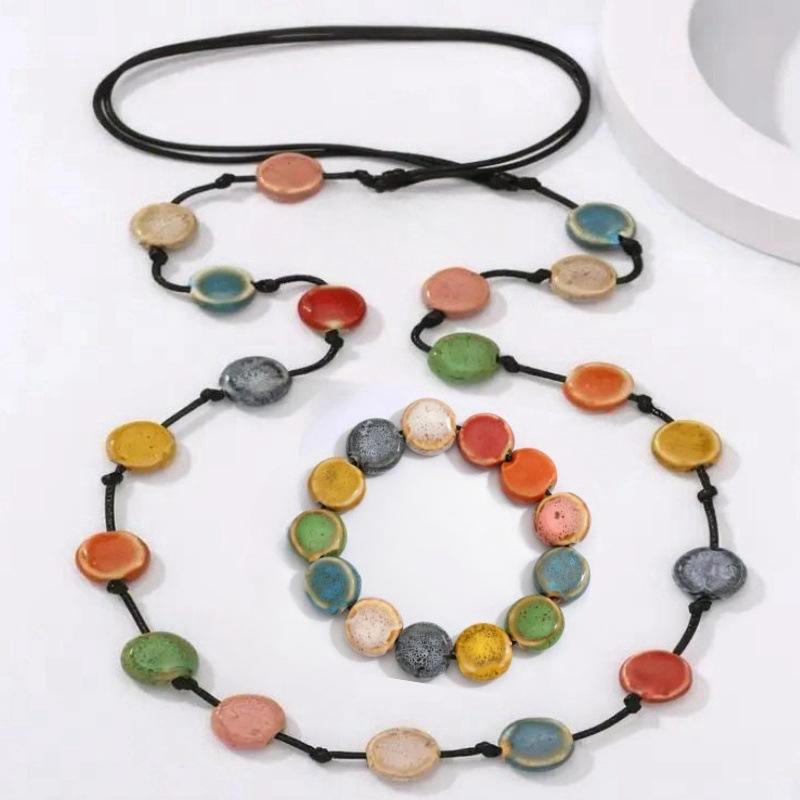 JMXD-European and American retro wax rope necklace colored ceramic round sweater chain long versatile dopamine beaded necklace versatile