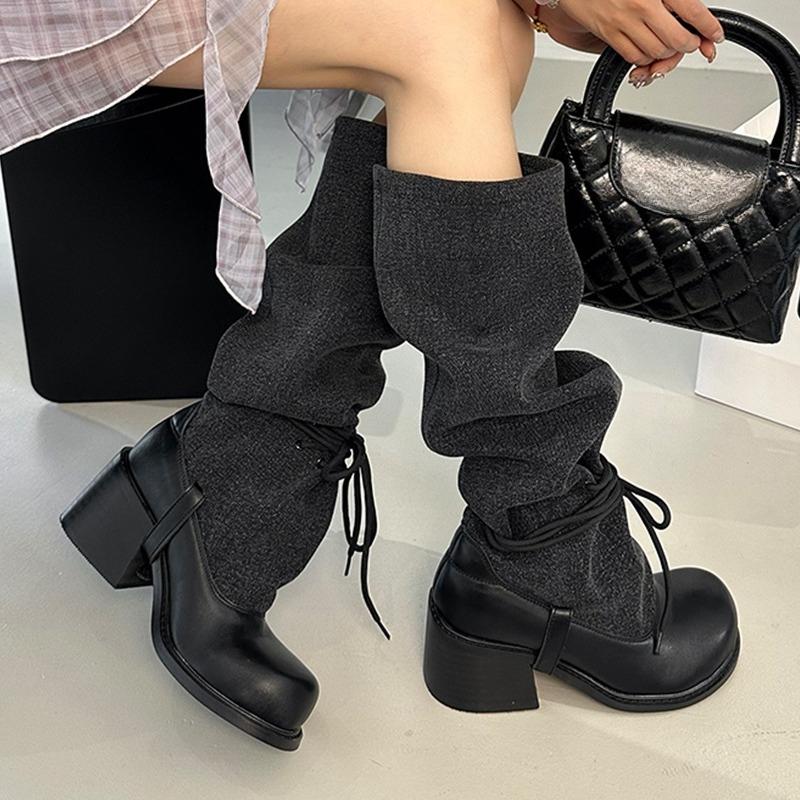 Women Knee High Boots High Heels Chunky Shoes 2025 Summer Chelsea Boots New Woman Heeled Shoes Lace Up Pumps Zapatillas