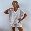 Women's Summer Striped V-Neck Two-Piece Set: Casual Loose Top & Sports Shorts