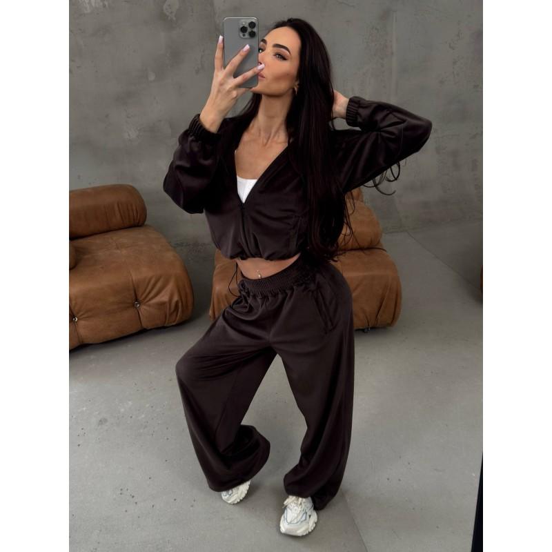 Womens Casual 2-Piece Set Long Sleeve Zip-Up Cropped Cardigan Elastic Waist Wide Leg Pants