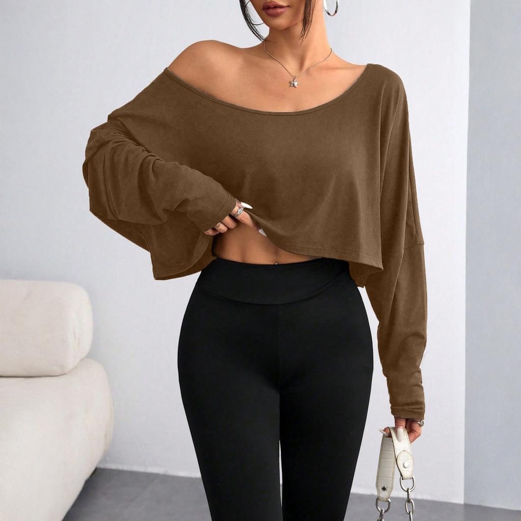 Damen Lässiges Mode Off-Shoulder Kurz Farbe Langärmeliges Oberteil