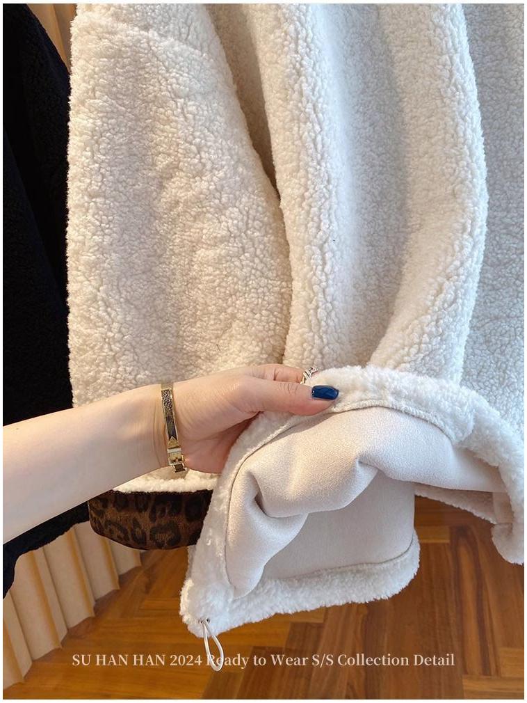 High-End Lazy Style Round Neck Sweatshirt - Imitation Lamb's Wool, Solid Color, Thickened for Autumn/Winter, 2025 Collection.