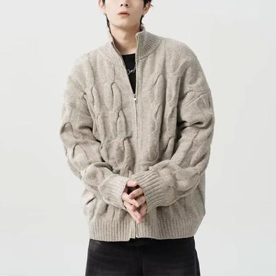 Basic Solid Color Knitted Cardigan Men's Clothing Half High Collar Autumn Winter New Retro Zipper Loose Casual Sweaters