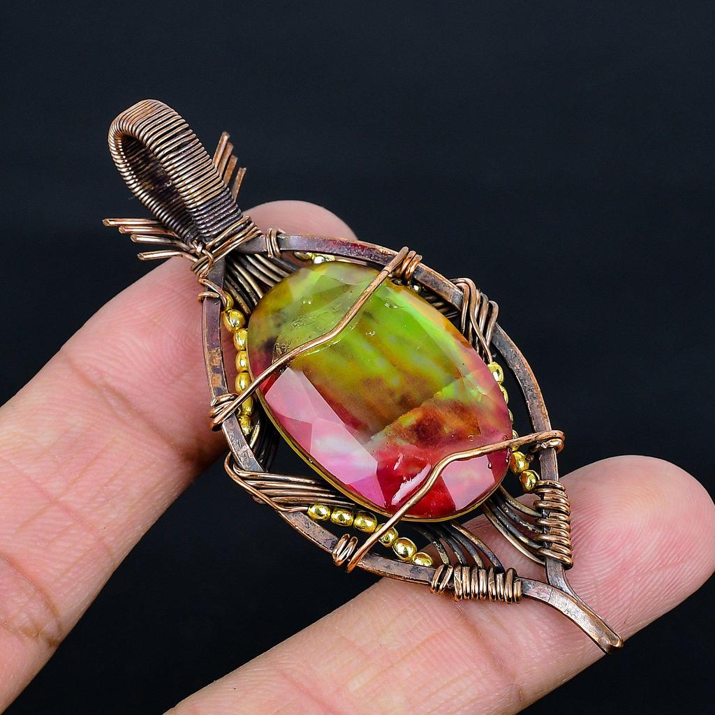 Ammolite Pendant Gemstone Handmade Jewelry, 999 Copper Wire Wrapped Jewelry Pendant, Gift For Wife Jewelry