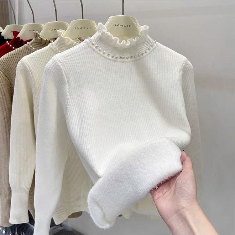 Pulover Tricotat cu Guler de Catifea cu Mărgele pentru Femei Toamnă/Iarnă