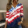 Women 3/4 Sleeve V Neck Henley Pullover Shirt American Flag Print Casual Fashion Top