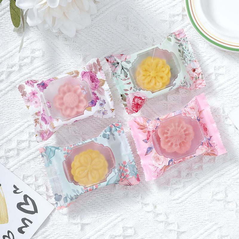 100Pcs Floral Cookie Bag Candy Wrapper Pastry Bag Homemade Handmade Biscuit Plastic Packing For Wedding Party Kitchen