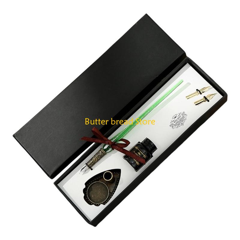 W89C Glass Dip Pen and Inks Set with Pen Holder Replaceable Pen Tip Beginner Caligraphy Set for Art Writing Drawing Signing