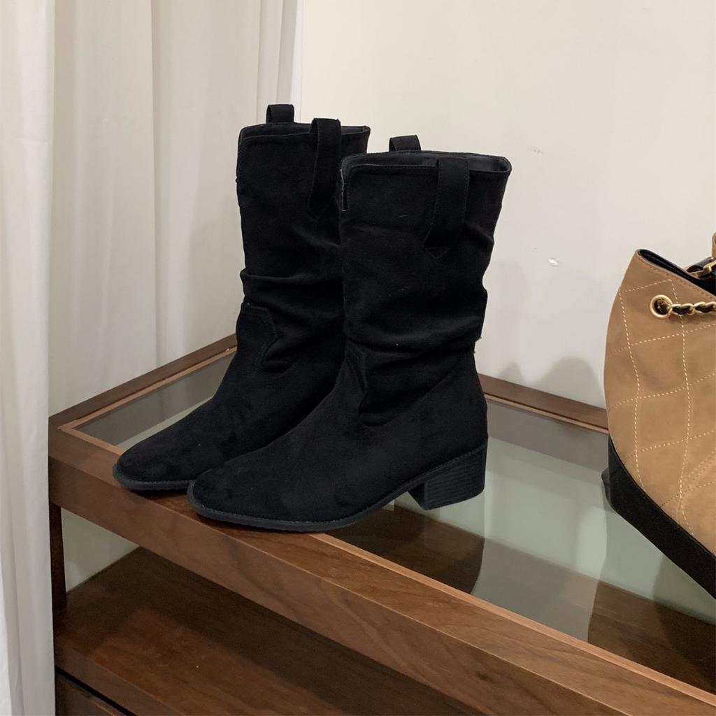 Dikke Hak Kleine Skinny Medium Kuit Martin Laarzen Dameslaarzen 2025 Lente en Herfst Hoge Hak Stapel met Rok Korte Laarzen