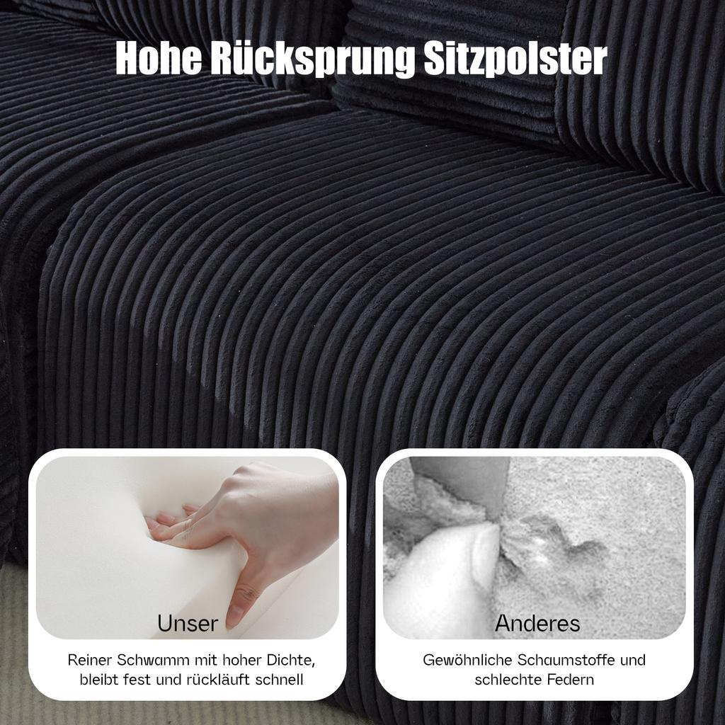 Modular Corduroy Sofa for 2 People, Vacuum-Packed, Includes Cup Holder and Side Storage Pocket. Ideal for Living Room and Family Room. Black