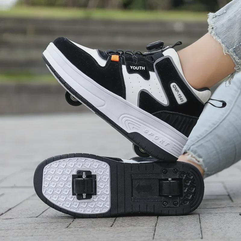 Children's Double Wheel Button Running Shoes with Hidden Skates