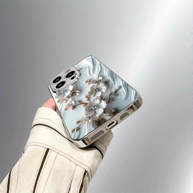 Light White Gilded Flower Pattern Electroplated Silver Tempered Glass New Phone Case for iPhone 17 16 15 14 13 12 11 etc