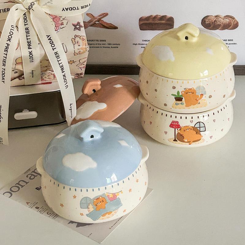 Ins Cute Ceramic Steamed Egg Bowl with Lid Crock Pot Binaural Stew Cup Soup Cup Household Steamed Egg Custard Children's Special Bowl