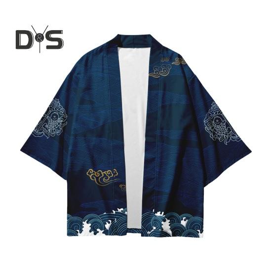 Мужская рубашка в японском стиле, традиционное кимоно, кардиган с рукавом три четверти, кардиган с принтом птицы, свободное тонкое повседневное верхнее пальто средней длины 3XL синий