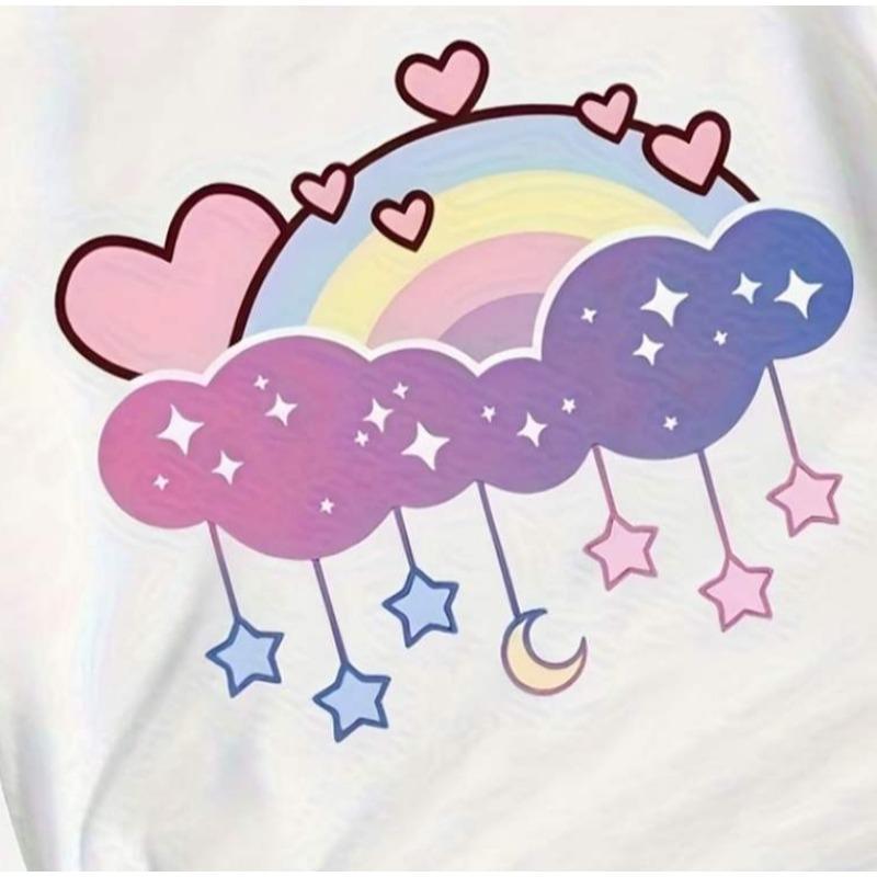Kids White Crew Neck Short Sleeve T-Shirt with Rainbow Cloud Print