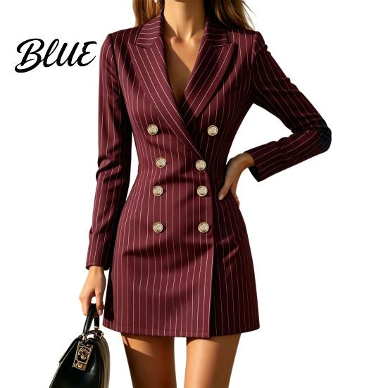 Striped Blazer Dress Women for Fall Double-breasted Lapel Collar Mini Slimming Waist Dress Slim Fit Cinched Above Knee Short Office Wear
