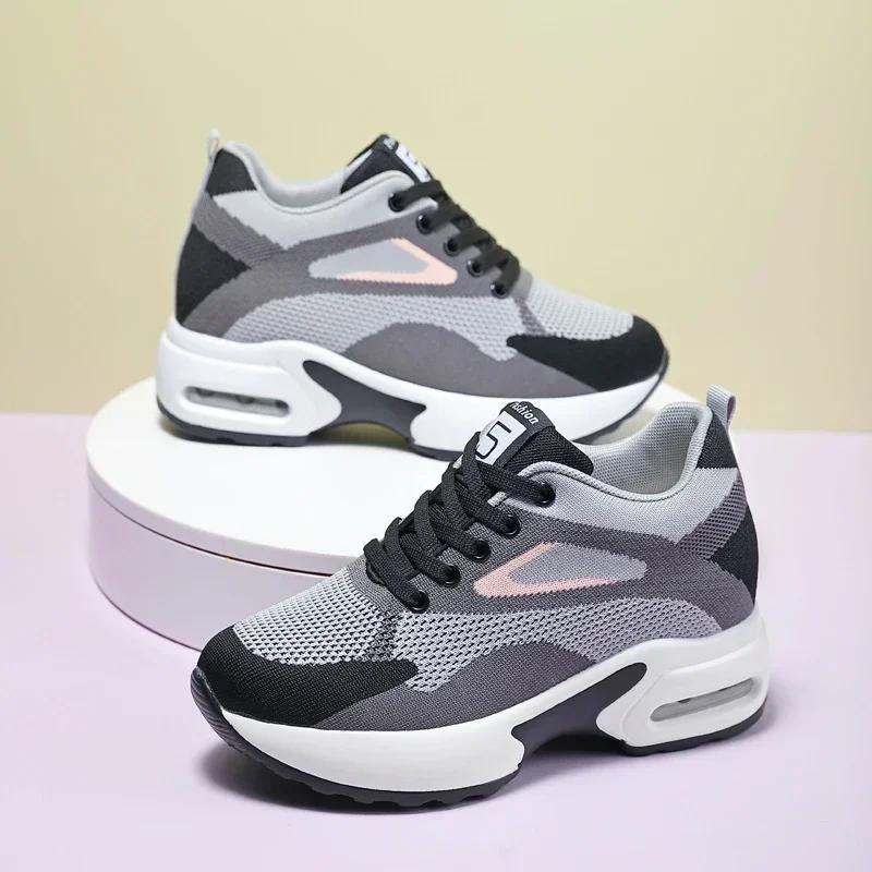 Women Sports Breathable Casual Sneakers Ladies Non-Slip Jogging Shoes High Quality Flying Woven Height-Increasing Running Shoes