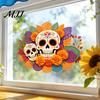 Decorative Holiday Gifts Day of The Dead Window Static Sticker, Flower Skull PVC Authentic Festival Accents Decals, Waterproof Halloween Glass