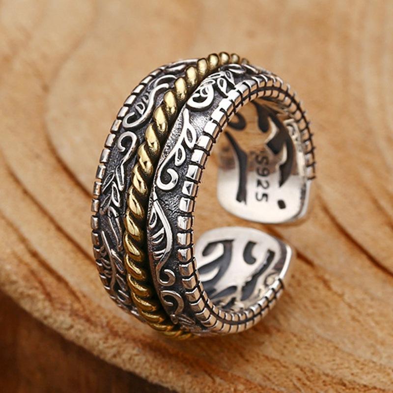 Thai Silver Trend Tang Grass Pattern Men s Open Ancient Vine Pattern Domineering Trend Index Finger Ring Tail Ring adjustable open band