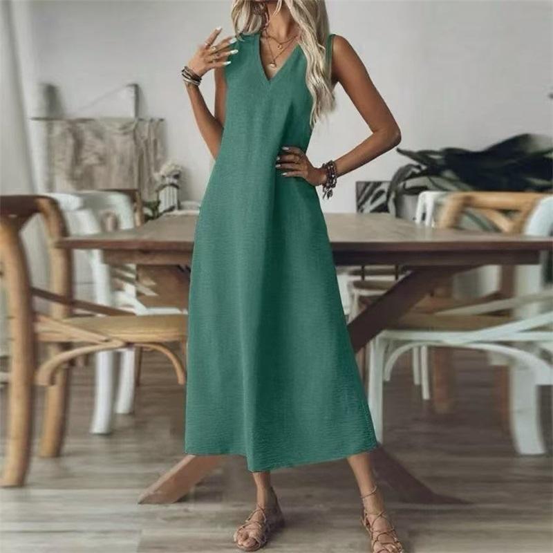 Abito Lungo da Donna Senza Maniche in Lino Scollo a V Ampio Casual Lungo