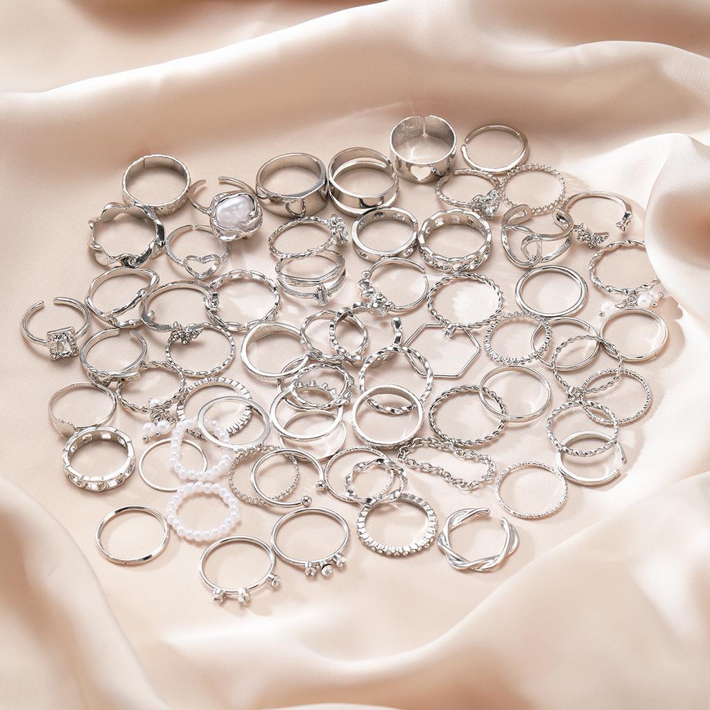 64Pcs/Set Vintage Geometric Rings For Women Silver Color Hollow Butterfly Pearl Crystal Rings Sets Trendy Wedding Party Jewelry