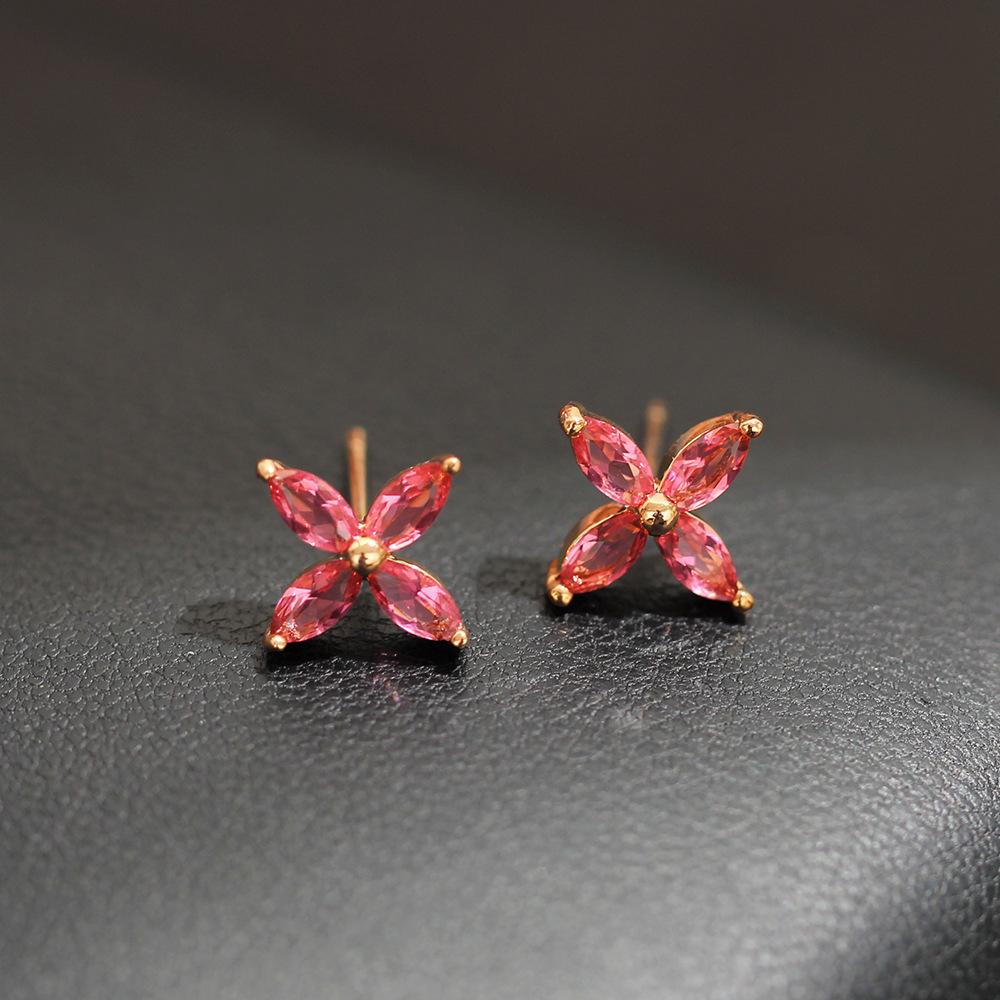 New Product Simple Gold-plated Stone-inlaid Red Flower Stud Earrings Temperament Korean Version Sweet and Elegant Earrings Earrings Lady Style
