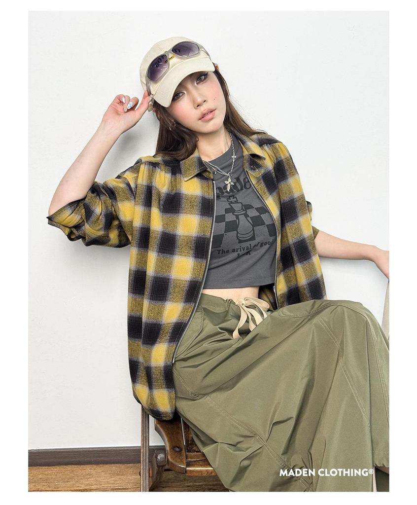 Women's Retro Plaid Brushed Cotton Shirt Jacket with Lapel - Long Sleeve, Spring